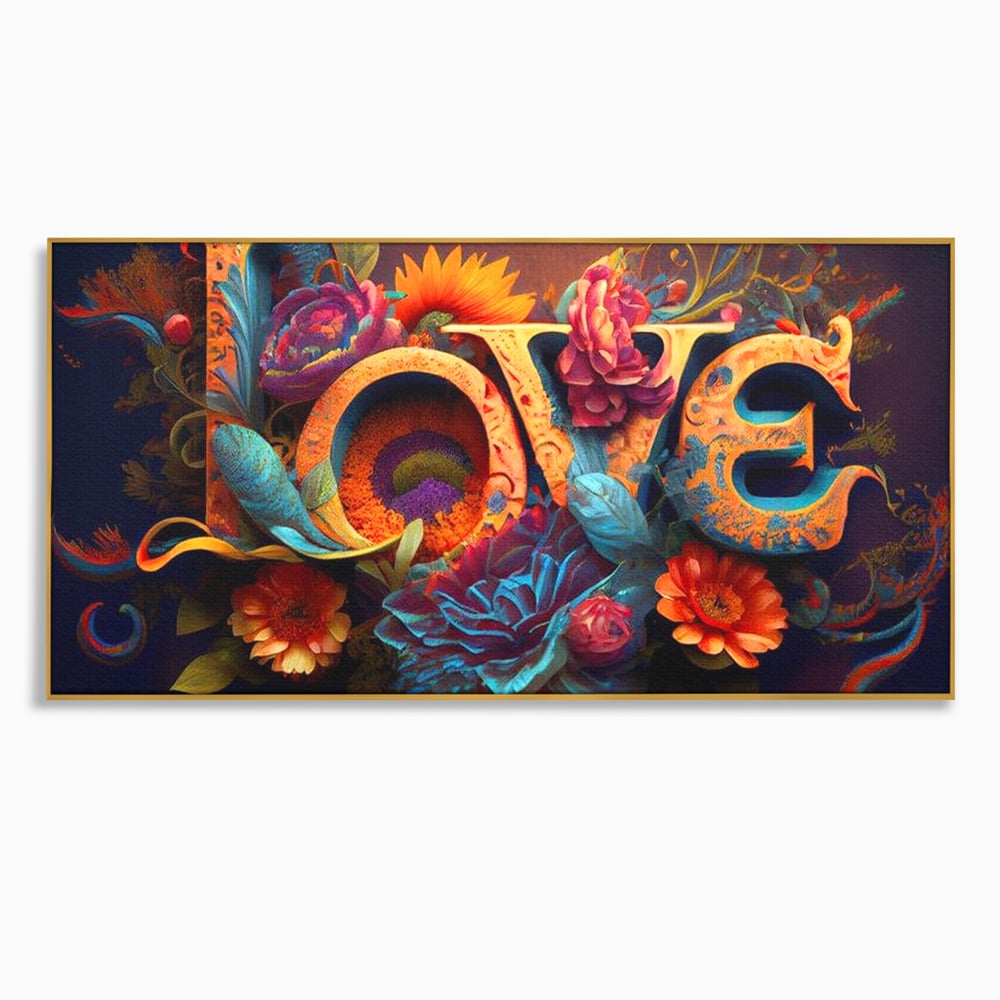 Tablou canvas cu tablou canvas cu litere florale stilizate, in rama de aluminiu auriu